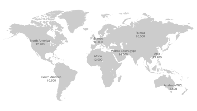 Eine Weltkarte zeigt die Verteilung von aktuell 150.000 eingesetzten DIWA Automatikgetrieben über den ganzen Globus.