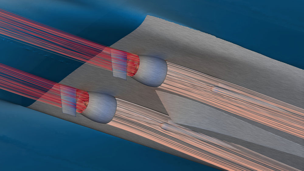 CFD Darstellung der Stromlinien und Druckverteilung bei einer Geschwindigkeit von 19 Knoten.