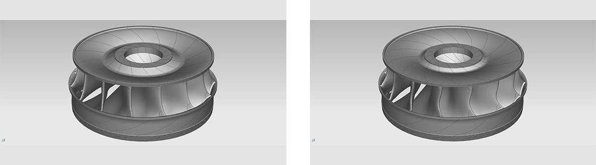 Vergleich zwischen einem klassisch ausgelegten Laufraddesign (links) und einem durch AutoOpti optimierten Design. (rechts) Vergleich zwischen einem klassisch ausgelegten Laufraddesign (links) und einem durch AutoOpti optimierten Design. (rechts)