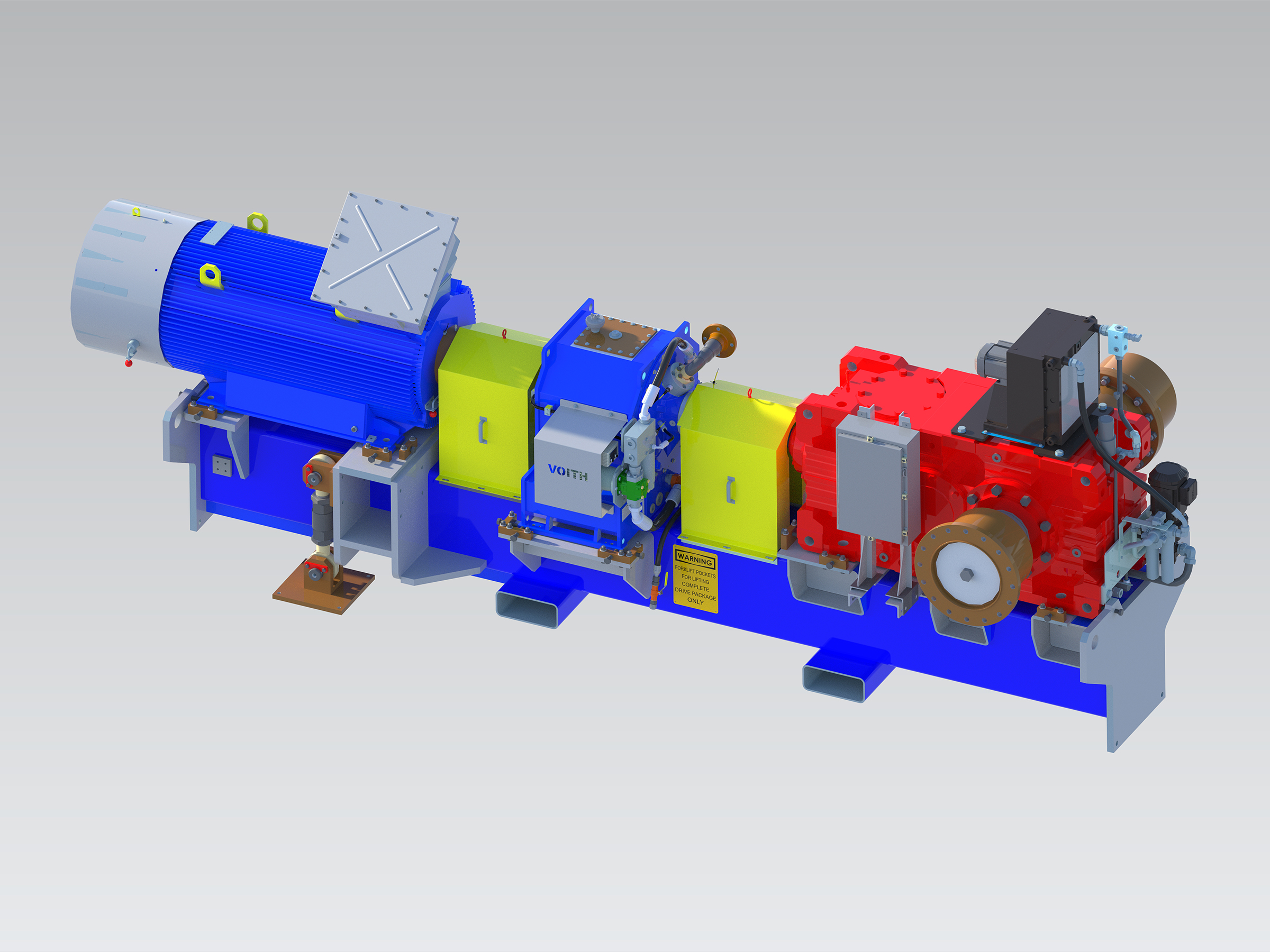 3D-Bild des kompletten 900-PS-Antriebspakets für das historische Dune Express Projekt von Atlas Energy Solutions, einschließlich der füllungsgesteuerten Turbokupplungen vom Typ TurboBelt 800 TPXL, die den Gurtförderer gemeinsam mit den Elektromotoren von ELIN Motoren antreiben werden. 