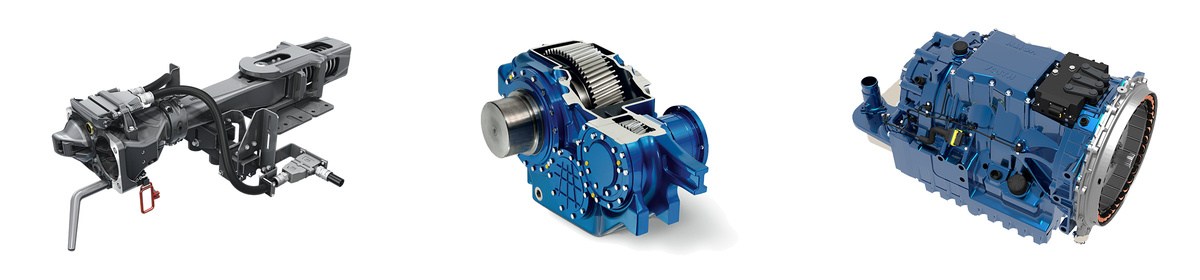 CargoFlex: Digitale automatische Kupplung (Links), MultiMode: Modulares Radsatzgetriebe (Mitte), DIWA NXT: Automatikgetriebe für Busse (Rechts)