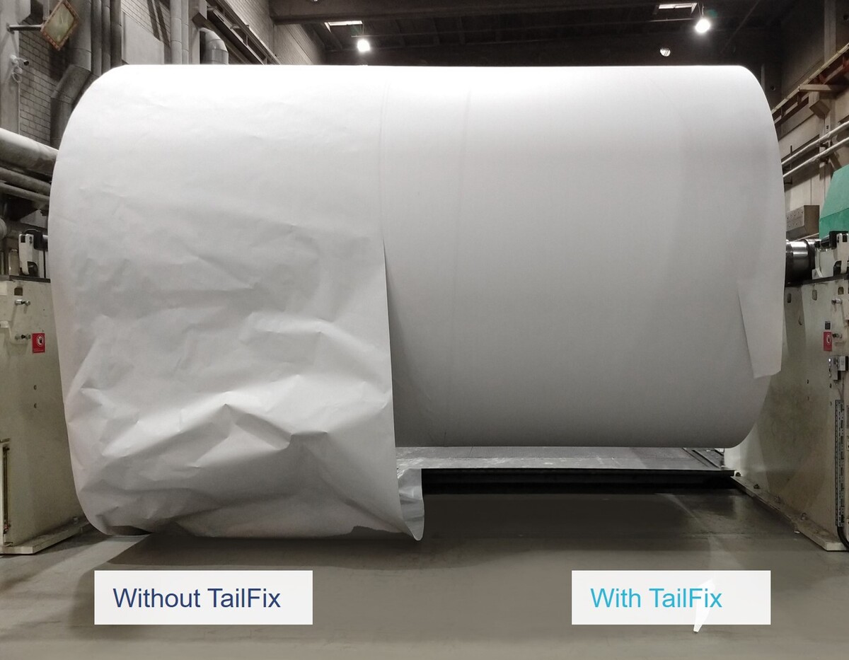 With the help of the TailFix, paper ends can be reliably fixed. The picture shows the condition without outer layer gluing on the left and the optimized condition after using the TailFix automatic gluing system on the right.